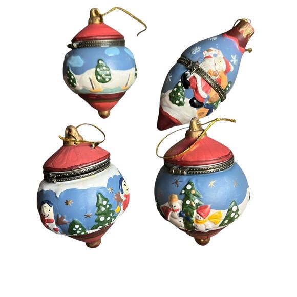 4pc Set of Porcelain Hand Painted Hinged Trinket Box Christmas Ornaments - Picture 1 of 7